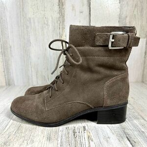 Bandolino Clovis Lace Up Gray/ Taupe Suede Low Heel Booties #1115
